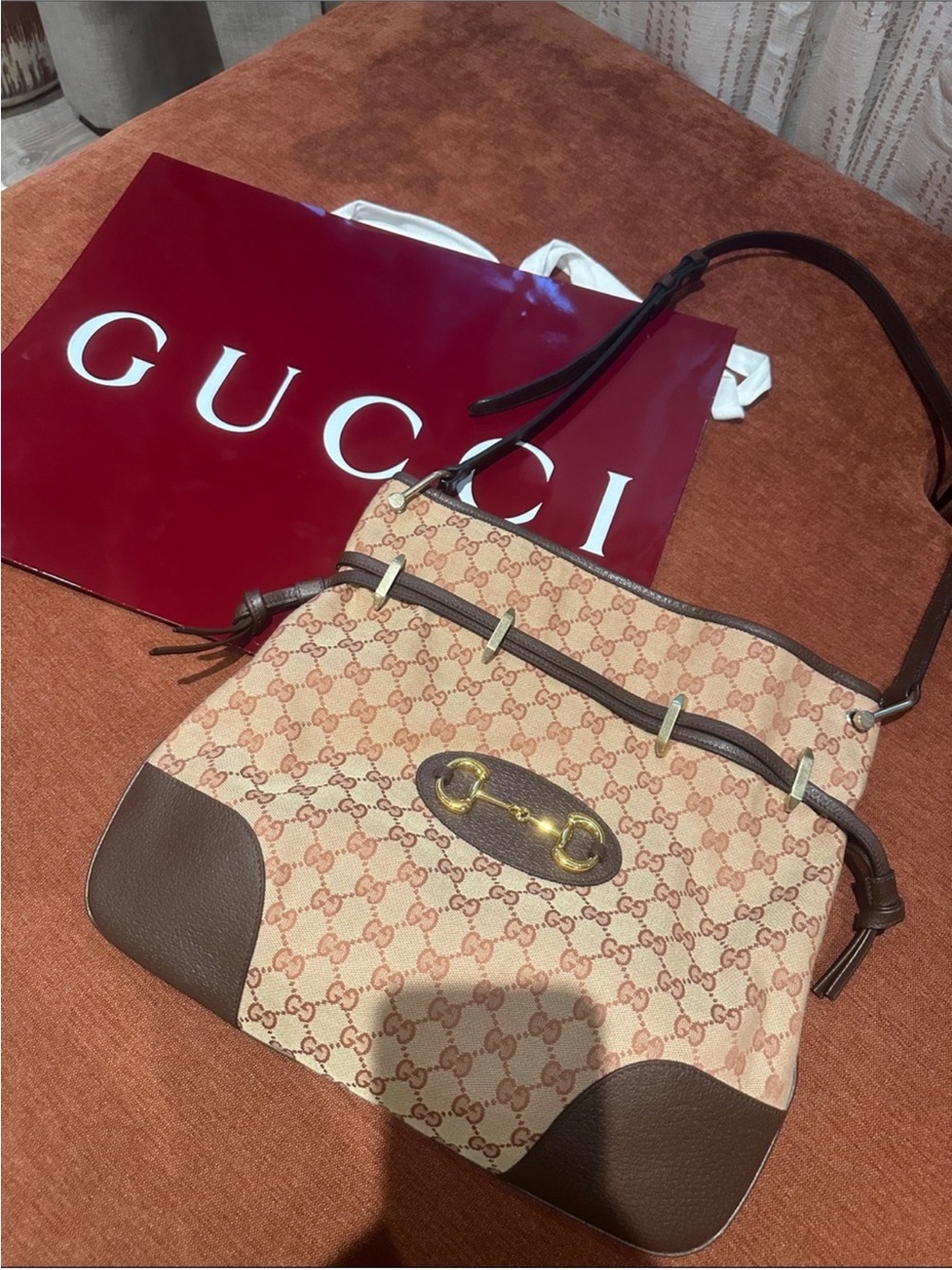 Gucci Beige & Brown GG Canvas Shoulder Bag with Gold Hardware